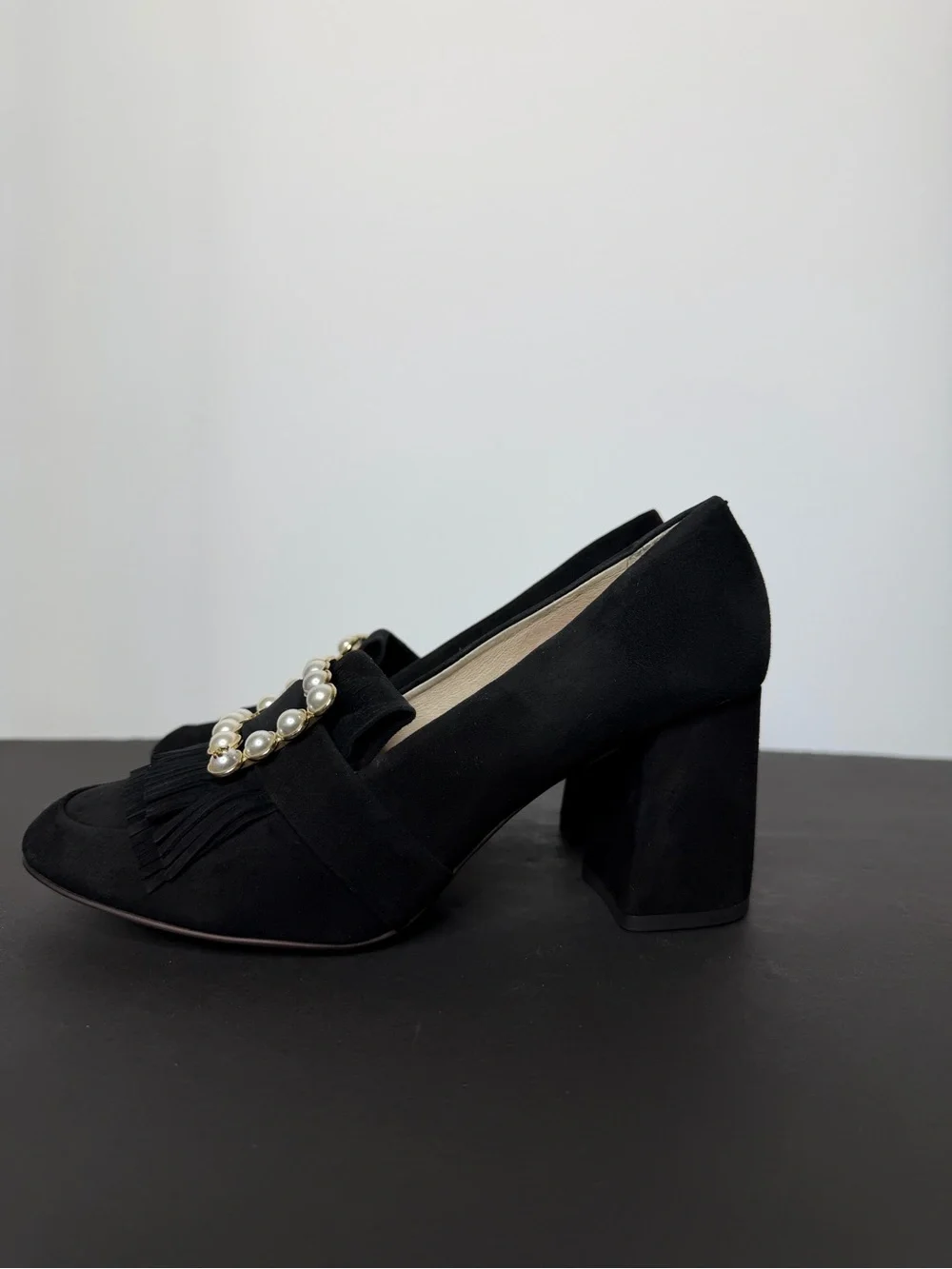 Louise et Cie Black Suede Pearl-Buckle Fringe Pumps